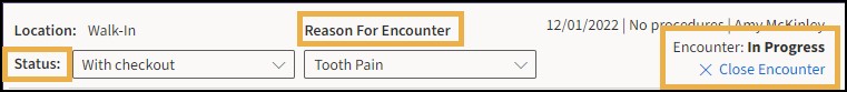 Encounter Tracker with yellow highlight box around the Status, Reason for Encounter, In Progress and Close Encounter.